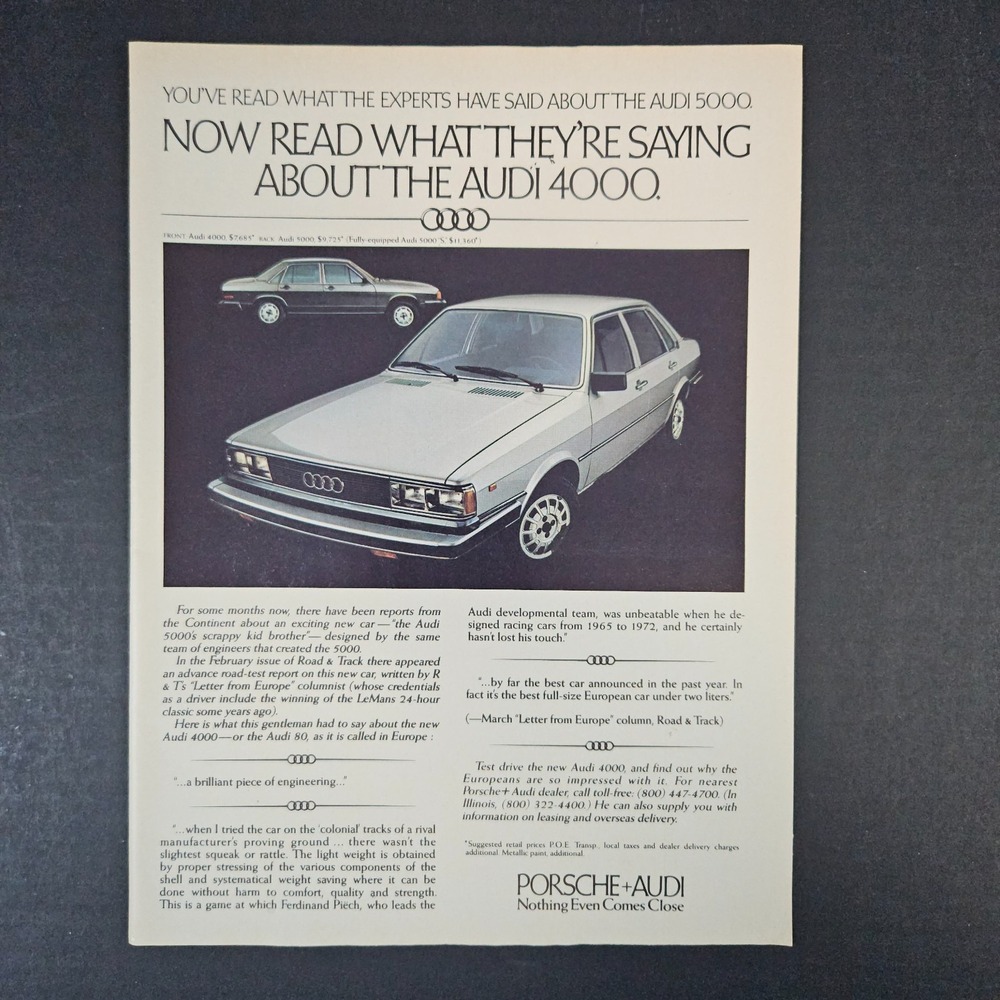 1979 Audi 4000‎ 5000 Porsche Vintage Print Ad Mancave Garage Shop Bar Automobile